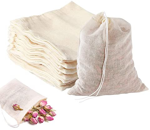100 Stück 8 X 10cm Baumwoll Musselin Gewürzbeutel mit Kordelzug 100% Baumwolle Teabags Wiederverwendbare Gewürzsäckchen zum Kochen Teebeutel für Losen Tee Obsttee Kaffee Gewürze