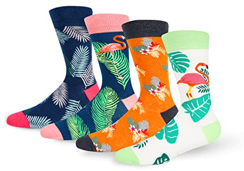 Lustige Socken für Herren, lustige Kleidersocken, bunt, alberne verrückte Socken, Essen, Tier, Argyle, cooles gemustertes Design, Baumwolle, 4 Stück – Hawaiianische Palmen-Flamingo, 39-47 EU