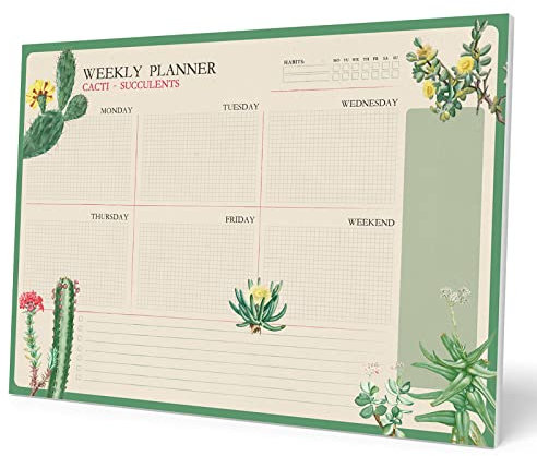 Grupo Erik Wochenplaner Tischkalender Block - Kalender Planer - Botanical Cacti Tischplaner A3 ohne festes Datum - Schreibunterlage auf Englisch
