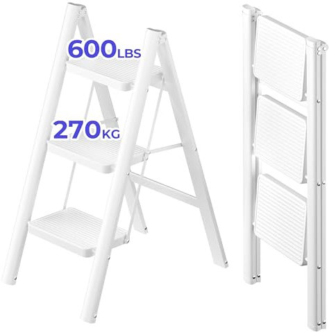 JOISCOPE 3 Step Ladder 270 KG Load Capacity Folding Step With Anti Slip Wide Treads, Lightweight Folding Ladder, Portable Foldable Stool, Multifunctional Small Step Ladder for Indoor/Outdoor, White