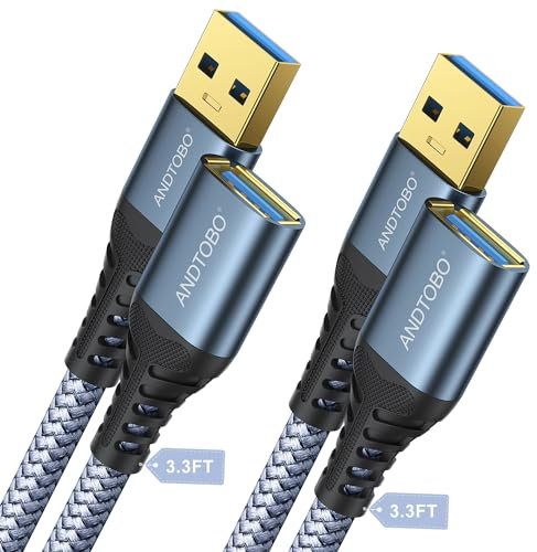 ANDTOBO 2 Pack USB Extension Cable 1M, USB 3.0 Type A Male to Female Extender Cables High-Speed Data Transfer 5Gbps Compatible with Gamepad, Printer, Webcam, USB Keyboard, Flash Drive, Hard Drive