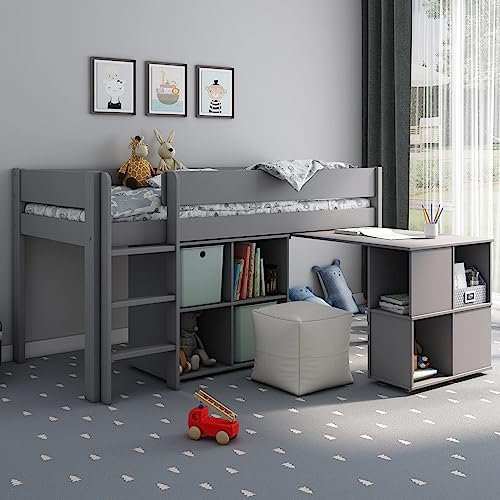 Family window Kids Avenue Mid Sleeper Bed - Solid Pine Single Cabin Bed with Shelves and Pull Out Desk - Estella Grey (Midsleeper bed without mattress)