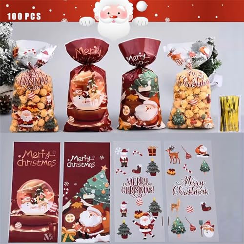 100 Stück Weihnachten Plätzchentüten,Cellophantüten Klar, Weihnachten Süßigkeiten Tüten,Mit 150stück Twist Krawatten (A)