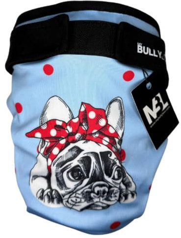 MyBullyLove Läufigkeitshöschen für Französische Bulldoggen – Wiederverwendbare Hundewindel ohne Rutenloch, Handgefertigt & Stufenlos Verstellbar, Blue Bully, Standard (42-47cm Hüftumfang)