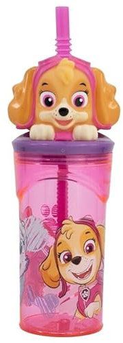 Golddunes 3D Cartoon Character Kids Figurine Re-Usable Plastic Tumbler Beaker with Re-Usable Flexi Straw - 360ml (Paw Patrol Skye Girls)
