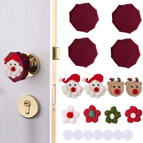 UFURMATE Door Handle Covers, 4Pcs Decorative Round Door Knob Covers with 8Pcs Christmas Decor, Soft Door Handle Glove Covers Door Knob Protector for Christmas Doorknob Decorations, UF-HA1522-G-FBA