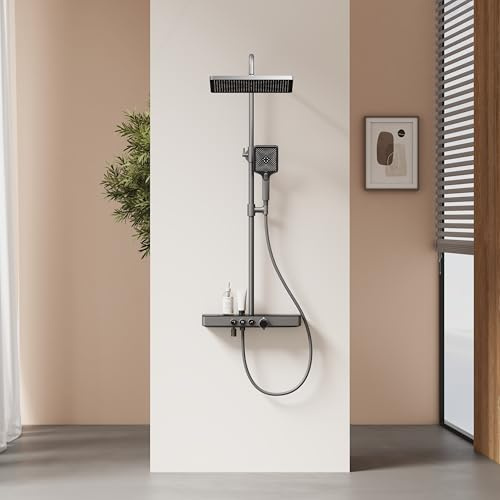 EMKE Colonne de douche avec mitigeur thermostatique, étagères en verre 45 x 13 cm, douchette, 3 types de jet, douche à effet pluie, bouche de distribution, colonne de douche thermostatique, gris métal