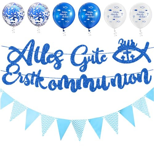 FMKLDENA Kommunion Deko Set, Erstkommunion Banner, Taufe Tischdeko, Konfirmation Girlande, Kommunion Ballons, Wimpel, für Taufe Party Dekoration, Blue, Fische und Kreuze