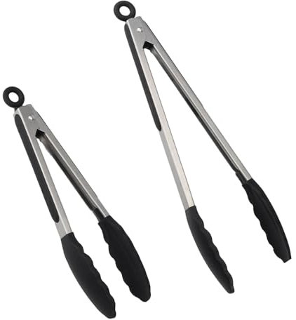 2 Pinze da cucina, Pinza cucina siliconee, Pinza per spaghetti, realizzate in acciaio inossidabile e silicone, adatte per cucinare e grigliare, 23 cm e 30,5 cm (nero)