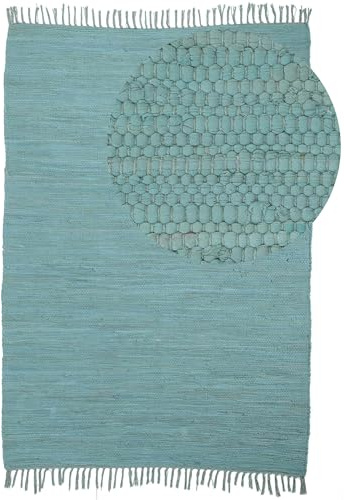 carpetfine Flickenteppich Kelim Chindi Uni Türkis 60x90 cm, handgewebt | Fleckerlteppich aus Baumwolle für Wohnzimmermit Fransen