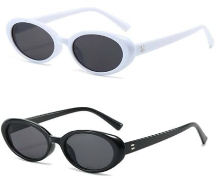 crazy bean 2 Stück Sonnenbrille Damen Herren Oval Rund Retro Sunglasses Woman Vintage Sonnenbrille für Party Raver y2k Bunte Sonnenbrillen Set,gläser schwarze - rahmen schwarze + weiß