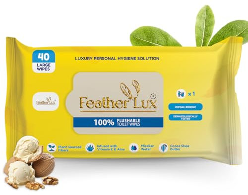 Feather Lux Wet Wipes for Adults - Flushable Toilet Wipes with Micellar water, 40 Large Toilet Wipe Flushable | Cocoa & Shea Butter, Biodegradable Wipe