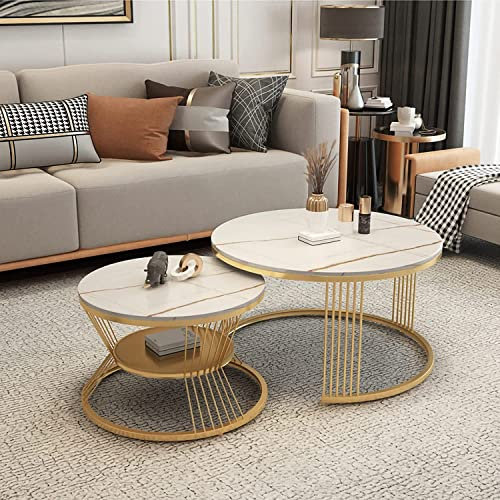 Moderner Couchtisch für das Wohnzimmer. Satztische für das Wohnzimmer, 2er-Set, stapelbare Couchtische aus Metall für das Wohnzimmer, modernes rundes Beistelltisch-Set mit Schieferplatte und