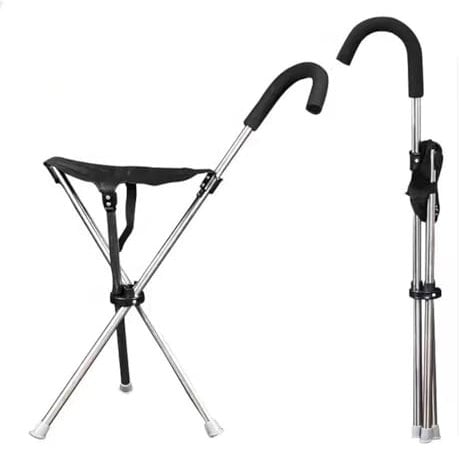 Dreieckiger Gehstock Mit Sitz - Metall Outdoor Klappbarer Stuhl Combo - Tragbare Krücke Gehhilfe 3 Beine Belastbar Bis 136 Kg - Sitzstuhl, Stativ-Hocker