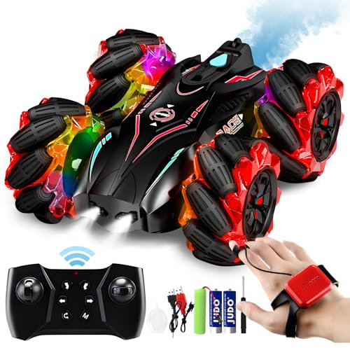 Bibykivn RC Voiture Stunt, 360°Rotation 2.4GHz Voiture Télécommandée Tout Terrain, 4WD Capteur de Gestes Jouet Voitures avec Lampe à pulvérisation LED pour 4-12 Ans Garçon Fille (Rouge)