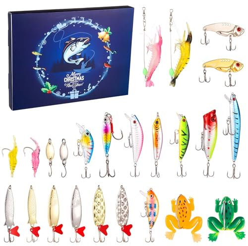Angelköder Adventskalender, Angeln Advent Countdown Kalender 24 Tage Angeln Adventskalender 2024 Weihnachts Angelzubehör Set für Erwachsene Jugendliche Männliche und Männliche Angler