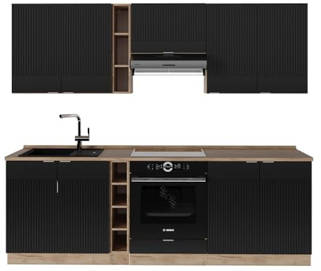 Vicco Küchenzeile Fame-Line, Schwarz gestreift/Goldkraft Eiche, 235 cm ohne Arbeitsplatte, zur individuellen Erweiterung mit kompatiblen Modulen
