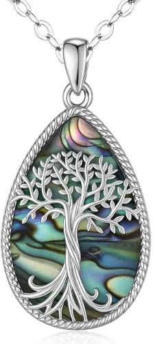 Odinstone Tree of Life Necklace, 925 Sterling Silver Family Tree of Life Pendant for Women, Abalone Shell Tree of Life Jewellery Mothers Day Anniversary Birthday Gifts for Women