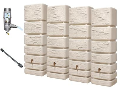 4rain Slim Stone Decor Wandtank-Set 1400 Liter sandbeige - Regentonne, Regenfass, Wassertank, Regenwassertonne, Wasserfass, Regenwassertank, Wassertonnen für Garten, Wassertonne, Fass