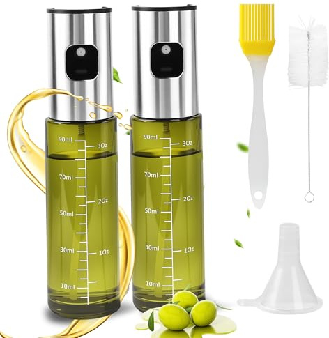 ACOMTUO 2 Stuck Oil Sprayers, 100ml Ölsprüher, Grünes UV-Schutz Glas & Vollmantel Edelstahl, Professionell Ölspray 100% BPA frei - für Grillen, Salat, Backen, mit Skala, Reinigungsbürste & Trichter
