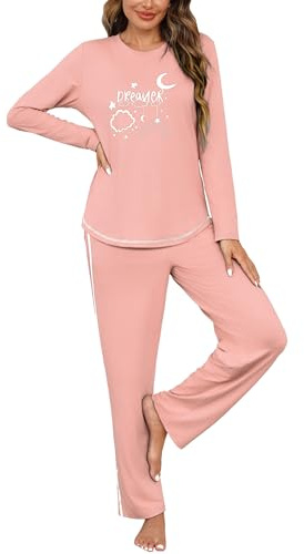 Terecey Pyjama Femme Long Col Rond 2 Pièces Haut Imprimé Manches Longues et Pantalon Confortable Tenue de Nuit Décontracté pour Dormir Maison Automne Hiver, Rose, L