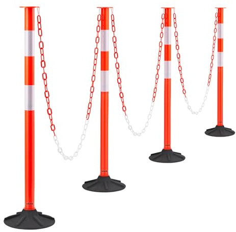 VEVOR 4 Pack Traffic Delineator Posts, 34 in Traffic Safety Cones with Weighted Base, Reflective Strips and Chain, Heavy Duty Delineator Posts for Construction Site, Parking Lot, Crowd Control, Red