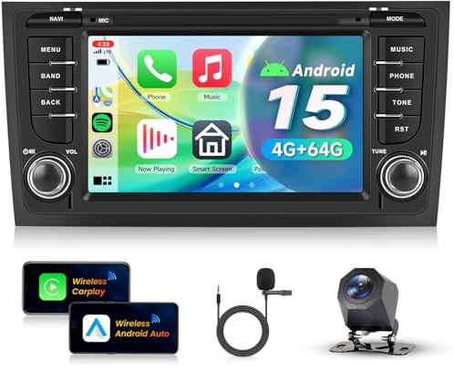 VECHTEL 4G+64G Autoradio Android 15 für Audi A6 C5 4B 1997-2004/S6 4B 1999-2004/RS6 4B 2002-2006, 7'' HD Touchscreen mit Drahtloses Carplay Android Auto GPS Wi-Fi USB Bluetooth FM RDS Rückfahrkamera