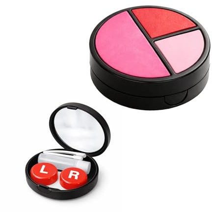 Circular Contact Lens Case Set, Black and Pink, Mirror, Pots and Tweezers | Hinged Colour-Block Shell, Separate L and R Storage, Small Solution Bottle, for Daily Routines, Handbags and Travel Bags