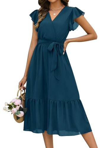 heekpek Robe Longue Femme Ete Chic et Elegant Robes sans Manche à Volants Légèr Fluide Col en V Robe Boheme, Bleu Marine, L