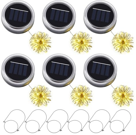 KBIBCK 6 Stück Solarleuchten Ersatzteile, Mason Jar Laterne Deckel, Solar Mason Jar Light, Solarlampen für Außen Hängend mit 30 LED-Lampen & Aufhängern, Einmachglas-Deckel-Licht für Garten Baum Balkon
