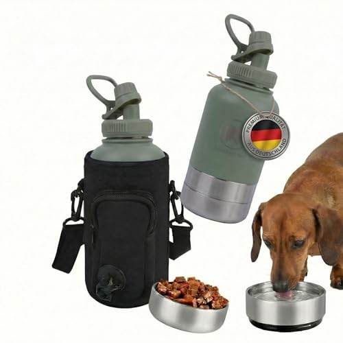 Jean-Fred Noël Hunde Trinkflasche mit 2 Aufschraubbaren Näpfen, 950ml, 304 Edelstahl, mit Tragetasche und Hundekotbeutel-Spender (Salbeigrün)