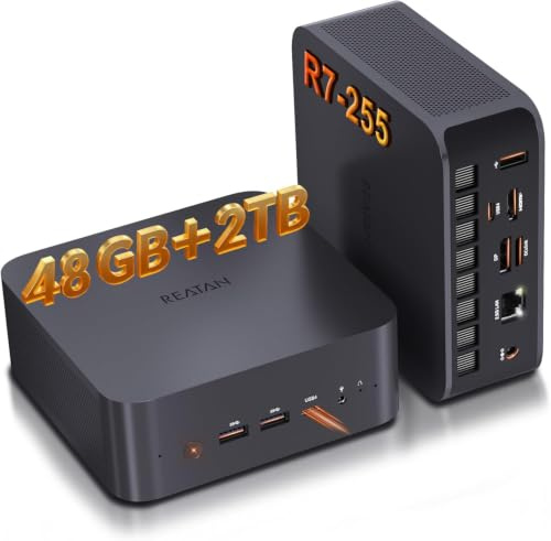 Reatan X7 Mini PC, AMD Ryzen 7 255 (Supera al 8745HS),48GB DDR5,2TB SSD M.2 2230 PCIe 4.0,(8C/16T, hasta 4,9 GHz), OCuLink, Pantalla cuádruple,Doble USB4,WiFi 7,BT5.4,Mini Ordenador