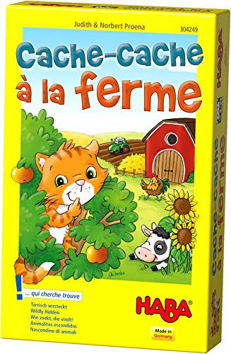 HABA - Cache-Cache à la Ferme - Un Jeu de Cache-Cache animé - Jeux de société Enfant - Format Mini à emporter - 3 Ans - 304249