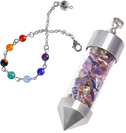 mookaitedecor Assorted Crystal Pendulum Bottle Crystal Pendant Necklace Chips Crystal Point Pendulum for Dowsing Scrying Divination Reiki Healing Crystal Pendulum with 7 Chakra Bead Chain