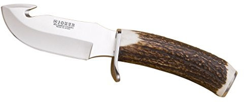 Joker Cuchillo desollador Desmogue-D CC28, mango de ciervo, hoja MOVA de 11 cm, funda de cuero marrón, herramienta de pesca, caza, camping y senderismo