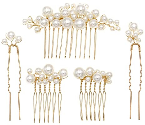Sppry Pearl Hair Combs and Hair Pins for Bridal Women, Set of 5 (Gold)