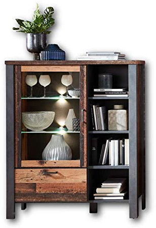 Stella Trading CARDIFF Highboard in Used Style Optik (dark) - hochwertiger Eyecatcher inkl. LED-Beleuchtung für Ihren Wohnbereich - 109 x 129 x 40 cm (B/H/T)