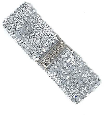 Cadoline Breiter, großer Paillettengürtel, silberner Gürtel, Länge/Breite 56 x 7 cm, elastische Taille, Paillette-Stil