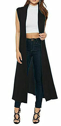 Women Open Front Maxi Full Length Boyfriend Collared Top Sleeveless Floaty Duster Jacket Coat Blazer Ladies Long Cardigan (Black, 14, Numeric_14)