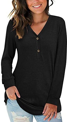 AUSELILY Women's Long Sleeve Tops V-Neck Jumpers Causal Button Down Sweatshirts Loose Henley T Shirt Blouse(Black,L)