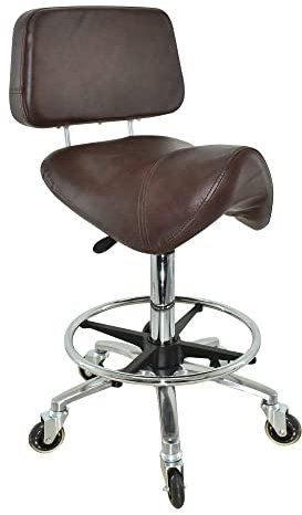 VAKON SALON - Breiter Sattelhocker mit Lehne Braun, Sattelstuhl für Rückenentlastung, Rollhocker höhenverstellbar von 55-75 cm mit Fußring, Drehhocker, Praxishocker, Bürohocker, Arbeitshocker