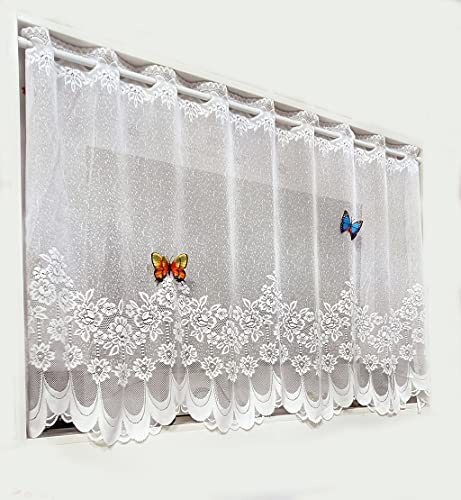 Devola Jacquard Scheibengardine Transparent Blumenmuster Bistrogardinen Küche Gardinen mit Wellen Motiv Design Vorhänge Moderne Gardine Kurzgardine BxH 200x90cm Weiß 1er Pack