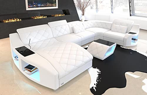 Wohnlandschaft Swing Ledersofa U Form Sofa - mit LED Beleuchtung, verstellbare Kopfstützen, Recamiere/Lederfarben wählbar/Ausrichtung wählbar/USB Anschluss (Ottomane Links, White)