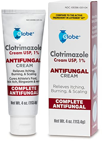 Globe Clotrimazole Antifungal Cream 1% USP, 4 oz, Anti Fungal Treatment, Relieves Itching, Burning, Cracking and Scaling Associated Athletes Foot, Jock Itch, Ringworm and More