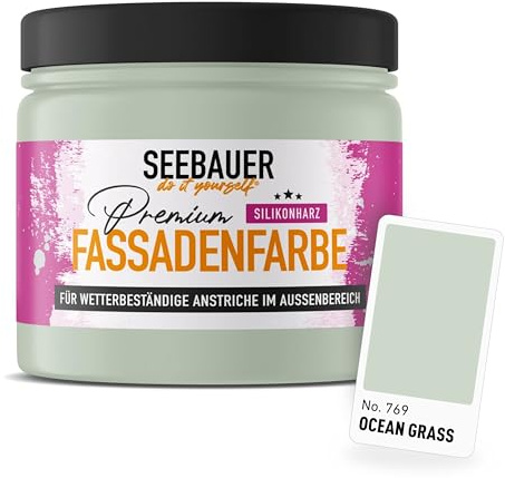 SEEBAUER diy Silikonharz-Fassadenfarbe Grün 300ML für Außen (No. 769 Ocean Grass) Selbstreinigende Fassadenfarbe mit Lotuseffekt - Geeignet für Putz, Mauerwerk und Beton