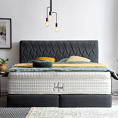 Designer Boxspringbett Lyon 180x200 Webstoff, mit Topper, Polsterbett, Hotelbett, ohne Bettkasten, 7 Zonen Taschenfederkern-Matratzen, Aufbau KOSTENLOS (Schwarz, 180x200 cm mit Topper)