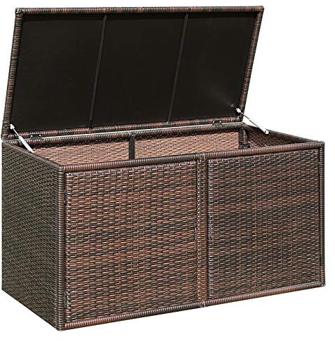 COSTWAY Baúl de Almacenamiento 335L, Arcón Exterior, Caja de Almacenamiento de Ratán, Cubierta y 2 Estantes,115 x 60 x 65 cm, Marco de Acero (marrón)