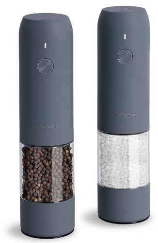 TLYSXPRO Electric Salt and Pepper Grinder Set with USB Rechargeable, Automatic One Hand Operation with Adjustable Coarseness, Pepper Mill Grinder Refillable with LED Light (2 Packs, Blue-Grey)