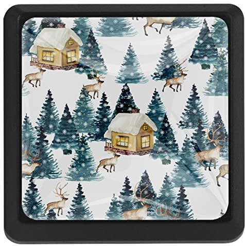 3 Stück quadratische Schubladengriffe mit Schrauben Weihnachten Schneestadt Elch Baumhaus