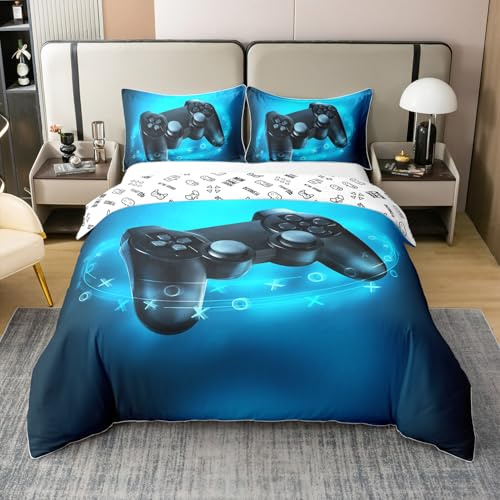 Reversible Baumwolle Kinder Spiele Tröster Abdeckung,Teens Gamepad Bettwäsche Set 135x200,Moderne Vr Gamer Bettbezug für Jungen Mädchen,Spieler Gaming Joystick Steppdeckenbezug Zimmer Dekor,Blau